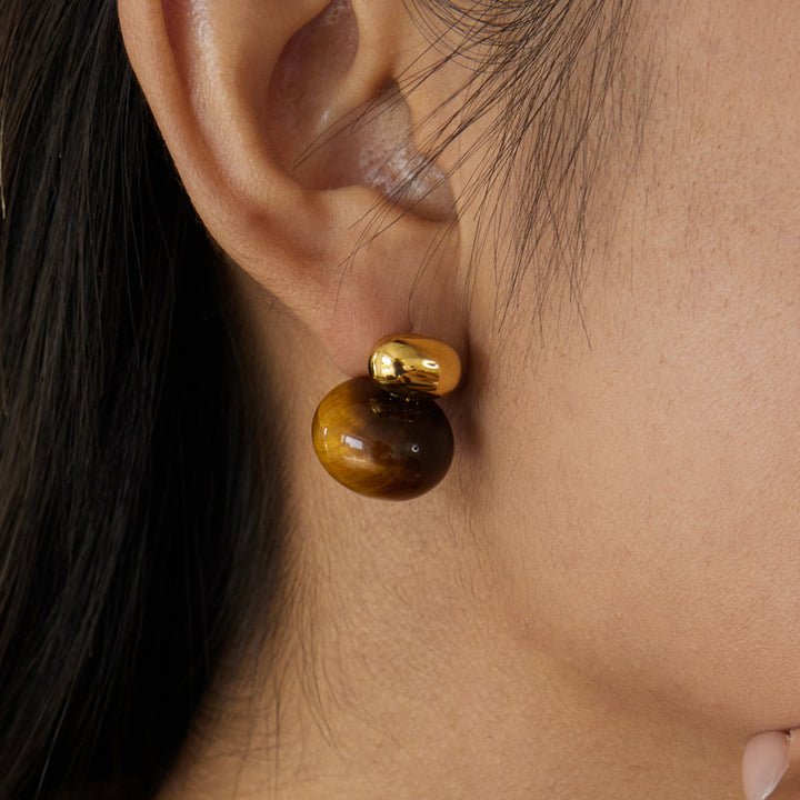 J&D Classic Retro Tiger Eye Earring 18K Gold Stainless Steel Natural Stone Earring Chunky Oval Tiger Eye Stone Earrings