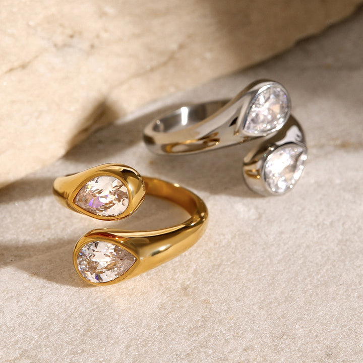 J&D Dainty Luxury Stainless Steel Women Jewelry Rings 18K Gold Asymmetric Water Drop Zircon Open Rings