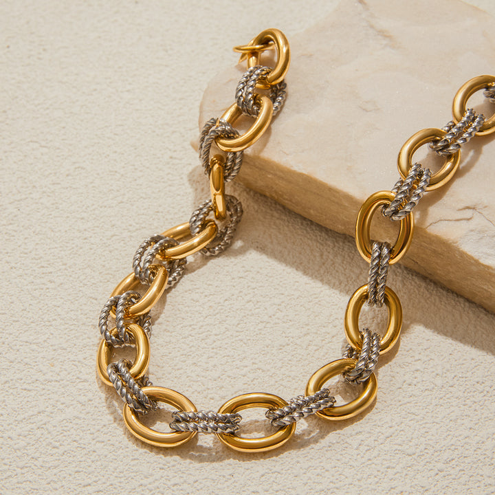 J&D Minimalist 18K Gold and Stainless Steel Two Tone Color Matching Oval Smooth Twist Bracelets Necklaces