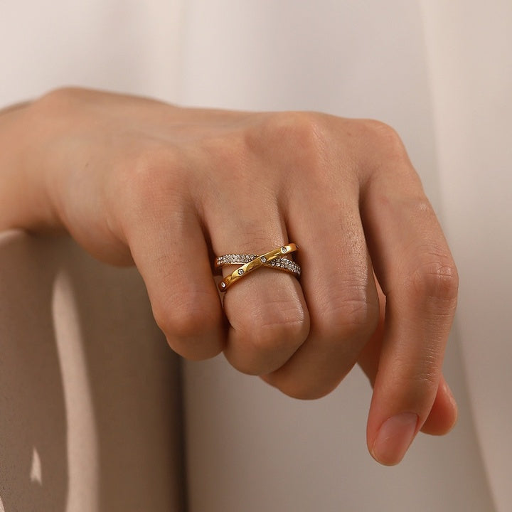 18K Gold Plated Stainless Steel Double Layer Zircon X Cross Opening Rings Jewelry Gift for Women