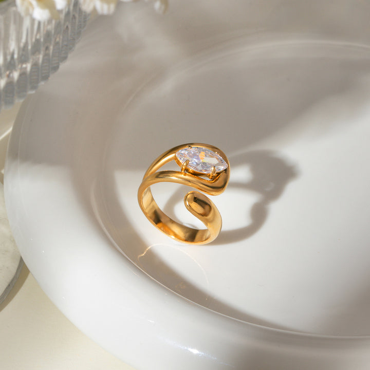 J&D 18K Gold Plated Stainless Steel Open Overlapping Water Drop Large Cubic Zirconia Ring