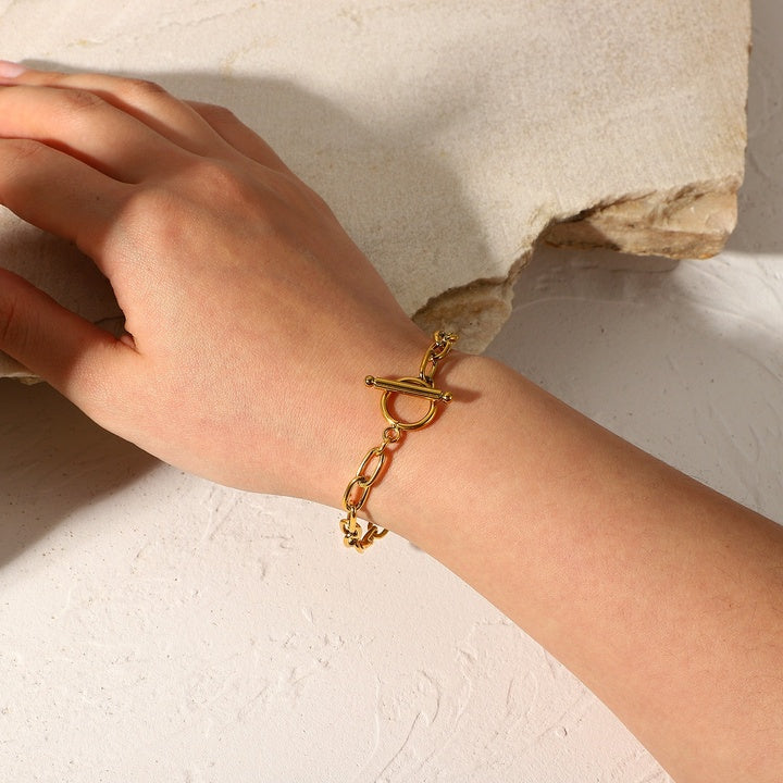 Gold Plated Simple Classic Gold Link Chain Paperclip Ot Toggle Stainless Steel Oval Bracelet