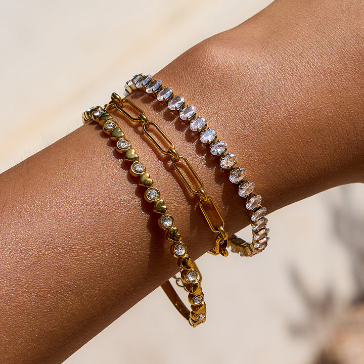 JD Elegant Ladies 18K Gold Plated Paperclip Chain Bracelet Zircon Bracelet Adjustable Stackable for Classic and Trendy Looks