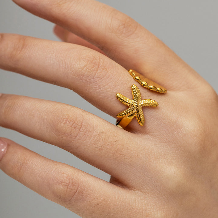 Ins Ocean Style Stainless Steel 18K PVD Plated Shell and Starfish Rings Tarnish Free Rings for Girls