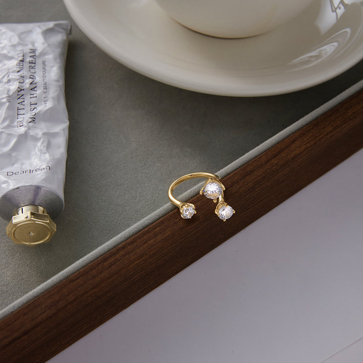J&D Minimalist 18K Gold Plated Stainless Steel Ring Asymmetrical Branch-shaped Zircon Adjustable Opening Ring
