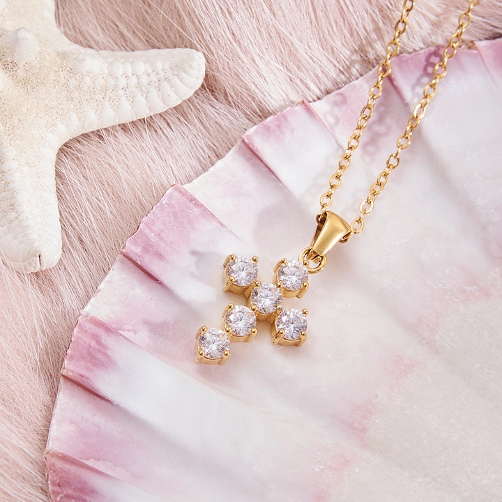 J&D Stainless Steel 18K PVD Gold Plating Waterproof Round Cubic Zircon CZ Cross Pendant Necklace