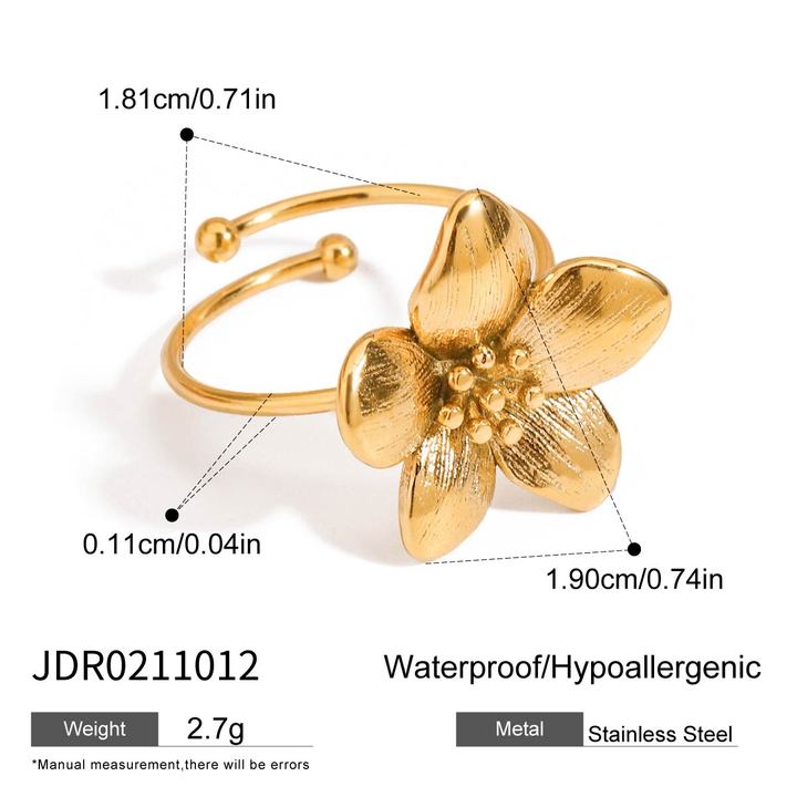 J&D 18K Gold Romantic Jewelry Stainless Steel Flower Adjustable Open Ring Sweet