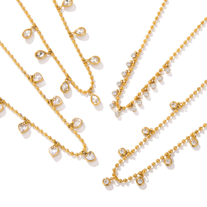J&D Crystal Pendant Necklace 18K Gold Plated Stainless Steel Multi Shape Zirconia Charm Bead Chain Timeless Everyday Jewelry