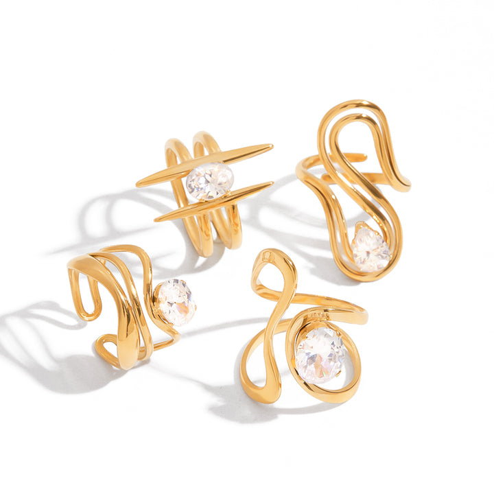 J&D 18K Gold Plate Stainless Steel Rings Modern Minimalist Lines Double-layer Hollow Geometric Large Zircon Open Solitaire Ring