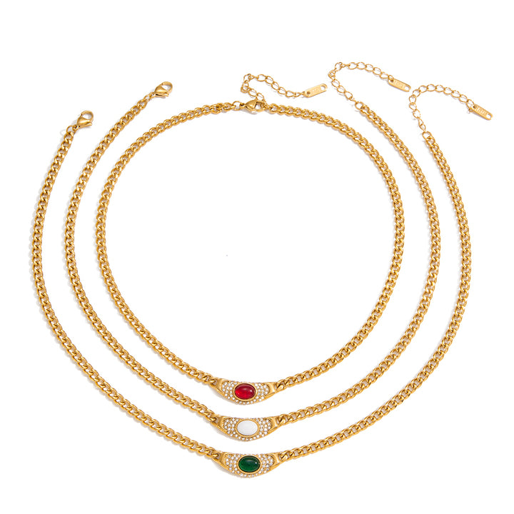 J&D Vintage Autumn Winter 18K PVD Gold Plating Waterproof Jewelry Stainless Steel White Pave Green Red Necklace