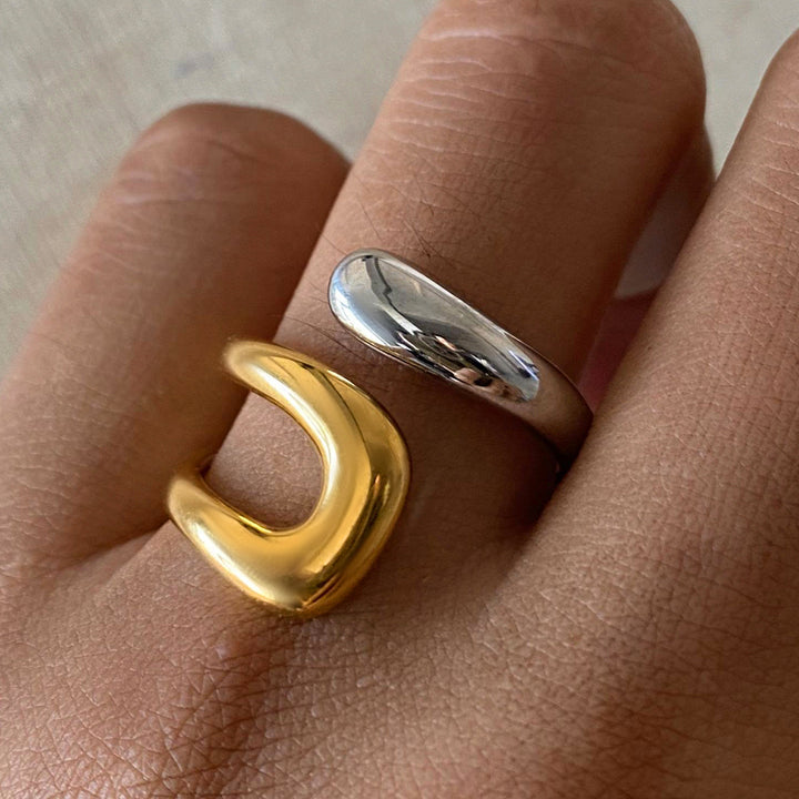 J&D Design Two-tones Ring 18K PVD Gold Plated Stainless Steel Ring Two Tone Colorblock Cross Asymmetric Open Ring