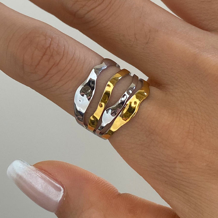 J&D Modern Minimalist 18K gold stainless steel Two Tone Multi-Layer Lines Adjustable Open Rings