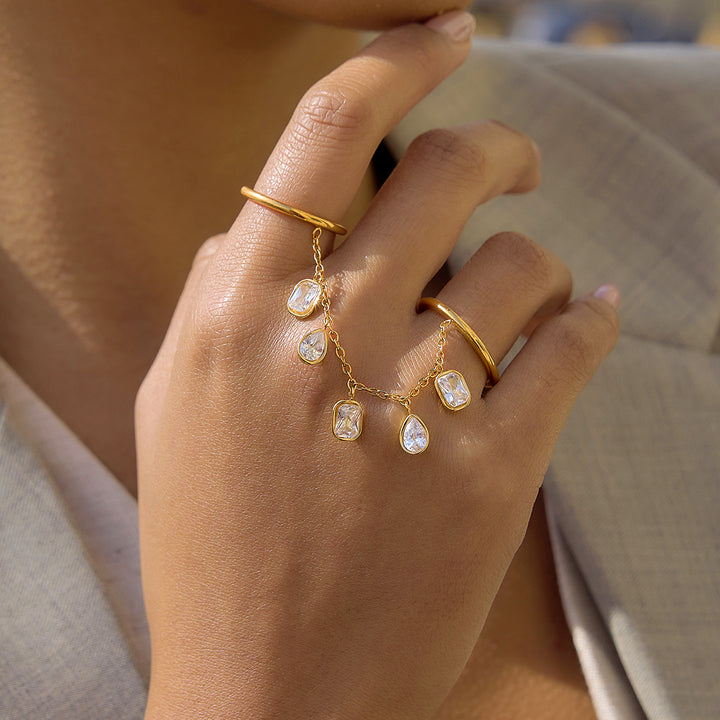 J&D Luxury 18K Gold Plated Stainless Steel Finger Bracelet Tassel Ring Set Square Pear CZ Tarnish Free Slave Rings for Party