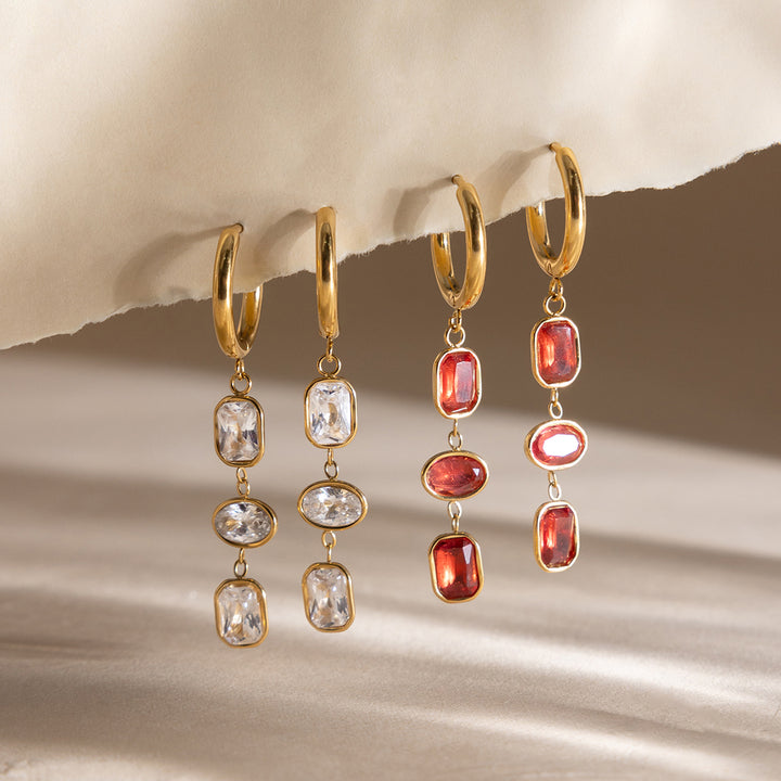 J&D Women's Red Zirconia Tassel Earrings - 18K Gold Plated Geometric Drop Earrings