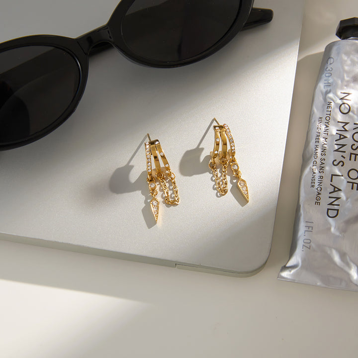 J&D Delicate Tassel Earring 18K Gold Stainless Steel Crystal Three Layer Hollow CC Chain Tassel Cone Shaped Earrings