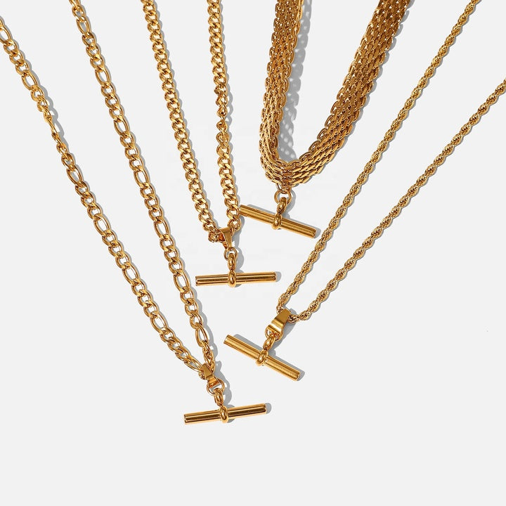 New 18K Figaro Cuban Chain T-bar Pendant Necklace Stainless Steel T-bar Pendant Necklace for Women