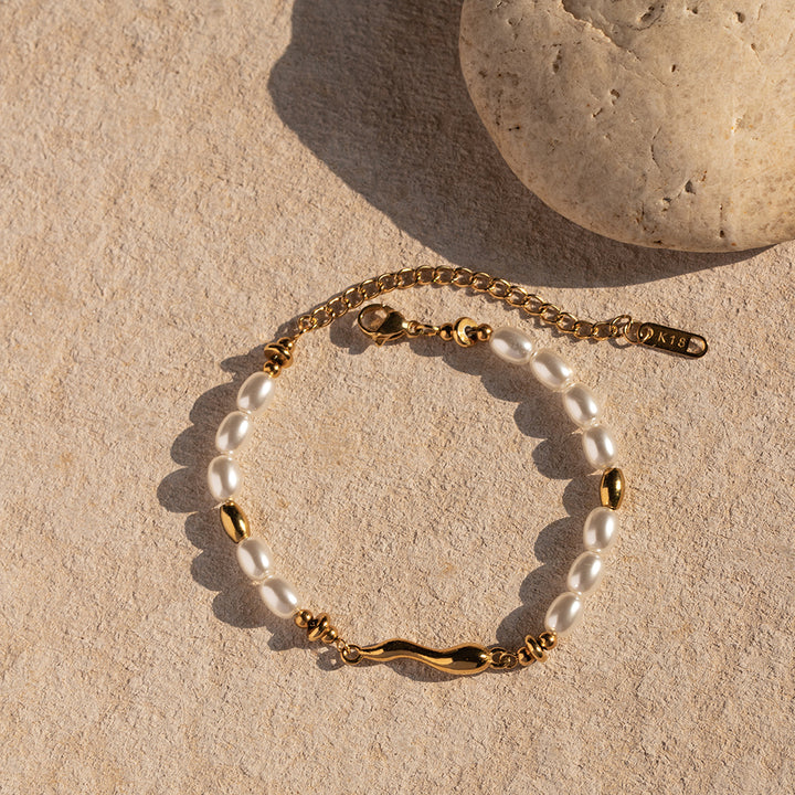 Glass Pearl Beads Chain Bracelet Jewelry Gift 18k Gold Plated Stainless Steel Simple Daily Bracelet for Women