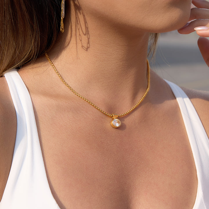 J&D Minimalist Oval White CZ Pendant Necklace Stainless Steel 18K Gold Plated Box Chain Classic Jewelry Gift for Women