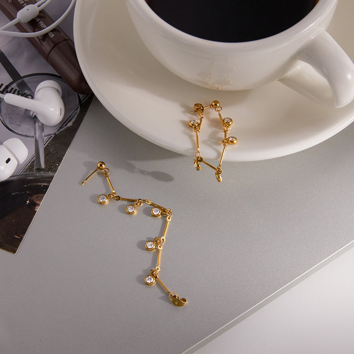 J&D Elegant Graceful Zircon Tassel Earrings 18K Gold Stainless Steel Classic Zircon Chain Tassel Earrings