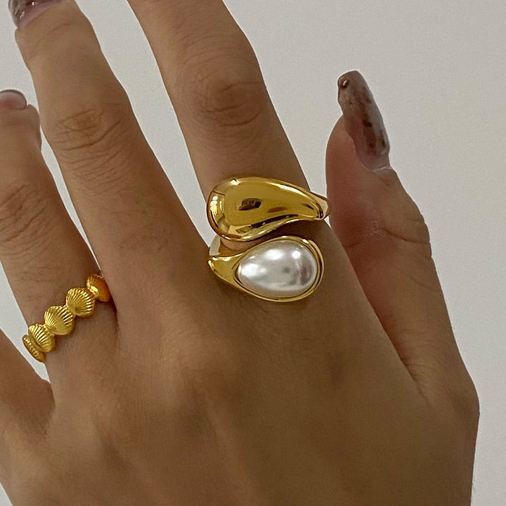 J&D Elegant Style Faux Pearl Drop Ring 18K Gold Stainless Steel Waterdrop Inlaid Minimalist Fashion Open Ring for Women