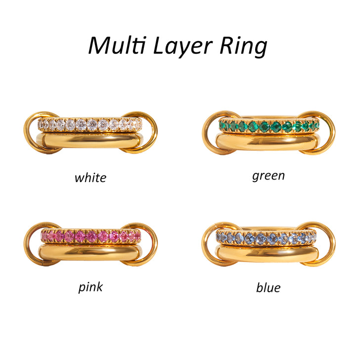 JD 18K PVD Gold Plate Stainless Steel Rings Sweet Romantic Spinel Double Layer Interlocking Ring