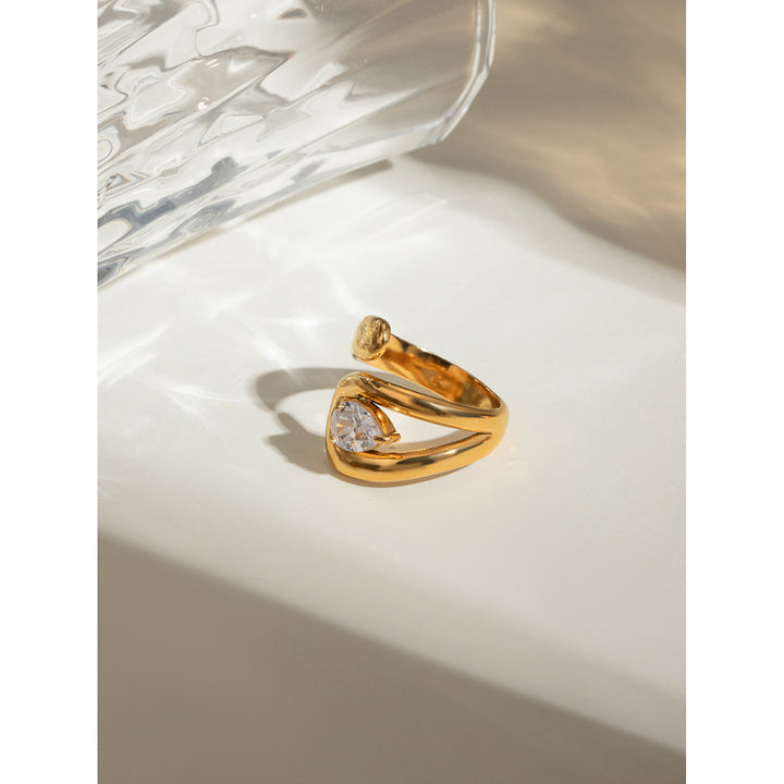 J&D 18K Gold Plated Stainless Steel Open Overlapping Water Drop Large Cubic Zirconia Ring