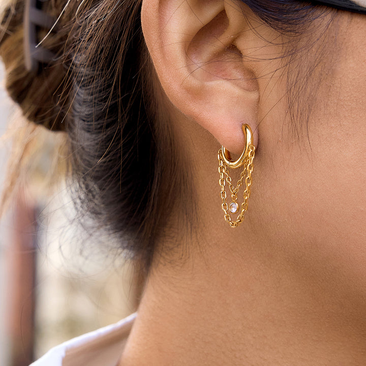 J&D Elegant Zircon Chain Tassel Earring 18K Gold Stainless Steel Trendy Delicate White Round Zircon Tassel Earrings