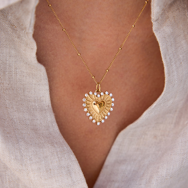 J&D 18K PVD Gold Plate Stainless Steel Necklace Classic White Zircon Ribbed Heart Pendant Necklace