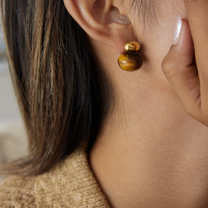 J&D Classic Retro Tiger Eye Earring 18K Gold Stainless Steel Natural Stone Earring Chunky Oval Tiger Eye Stone Earrings