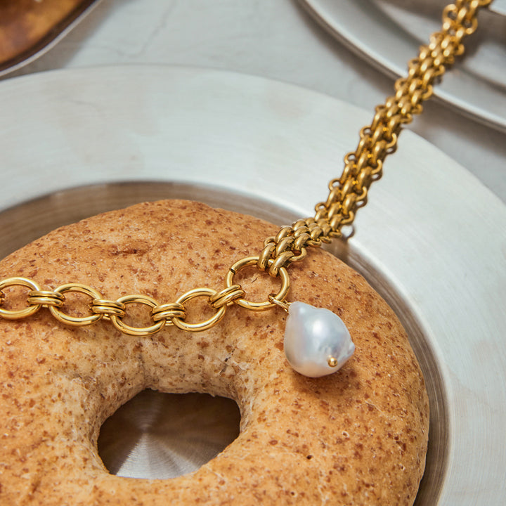 J&D Ocean18K PVD Gold Plating Stainless Steel Chunky Chain Peal Pendant Necklace