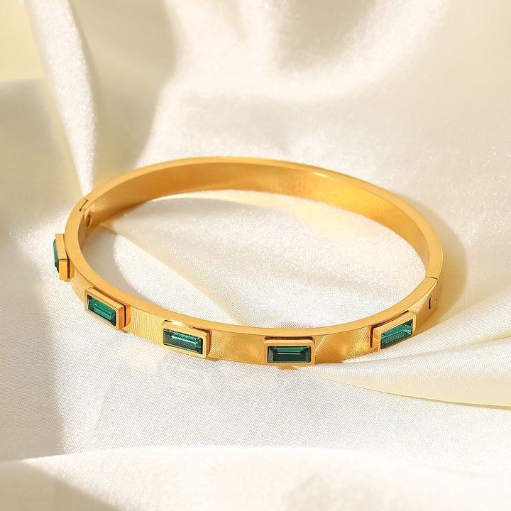 18k Gold Plated Green Cubic Zirconia Bezel Setting Dainty Stainless Steel Bangles for Women As Gift