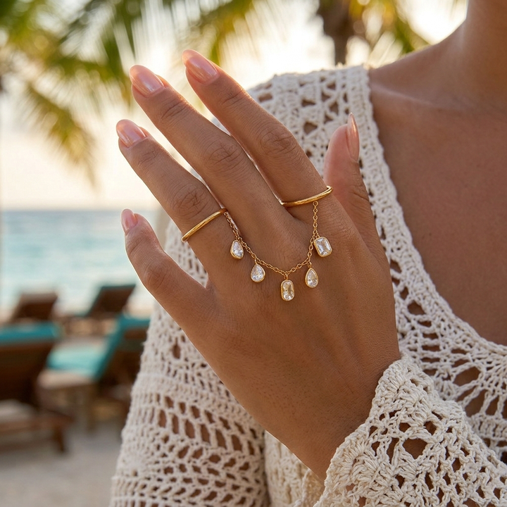 J&D Luxury 18K Gold Plated Stainless Steel Finger Bracelet Tassel Ring Set Square Pear CZ Tarnish Free Slave Rings for Party