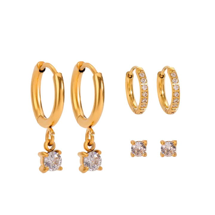 J&D 18k Gold Stainless Steel Zircon Hoop Earrings Set Three Pairs Classic Style