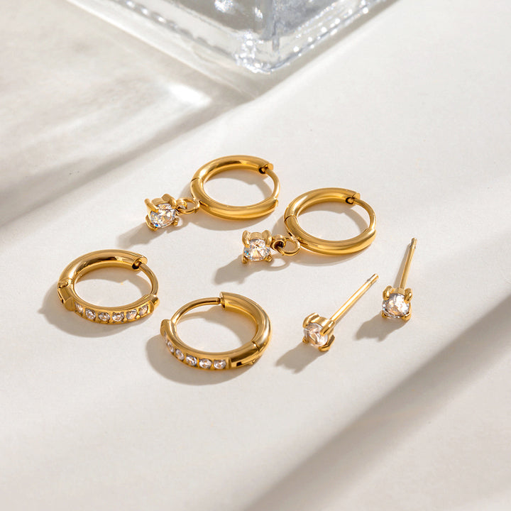 J&D 18k Gold Stainless Steel Zircon Hoop Earrings Set Three Pairs Classic Style