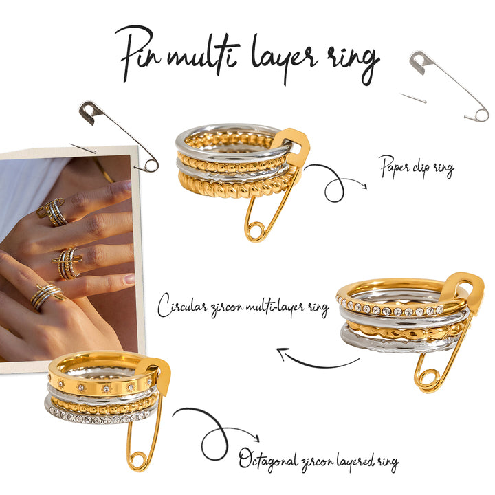 J&D 18K Gold Plate Stainless Steel Rings Classic Gold and Silver Twist Paper Clip Multi-layer Stacking Rhinestone Ring