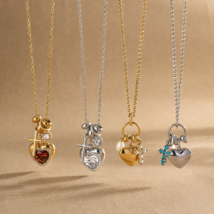 J&D Original Design 316L Stainless Steel Red Blue Zircon Heart Round Cross Pendant Charm Necklace Valentine's Day Gift