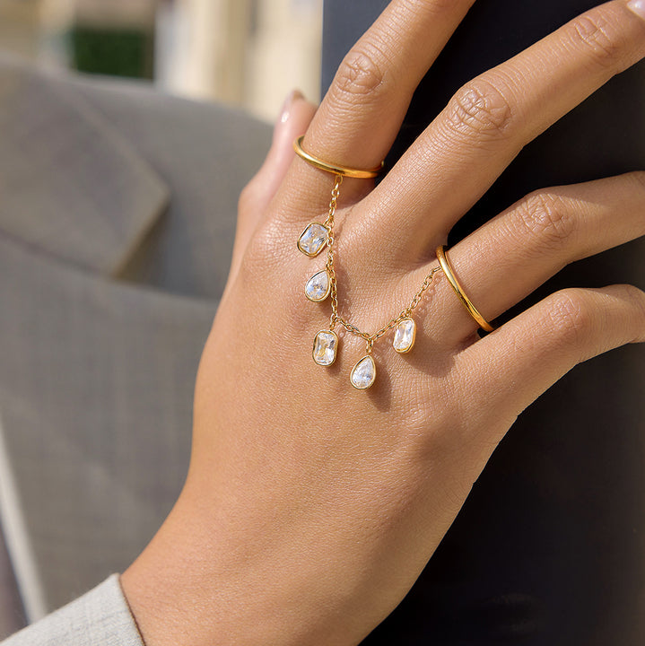 J&D Luxury 18K Gold Plated Stainless Steel Finger Bracelet Tassel Ring Set Square Pear CZ Tarnish Free Slave Rings for Party