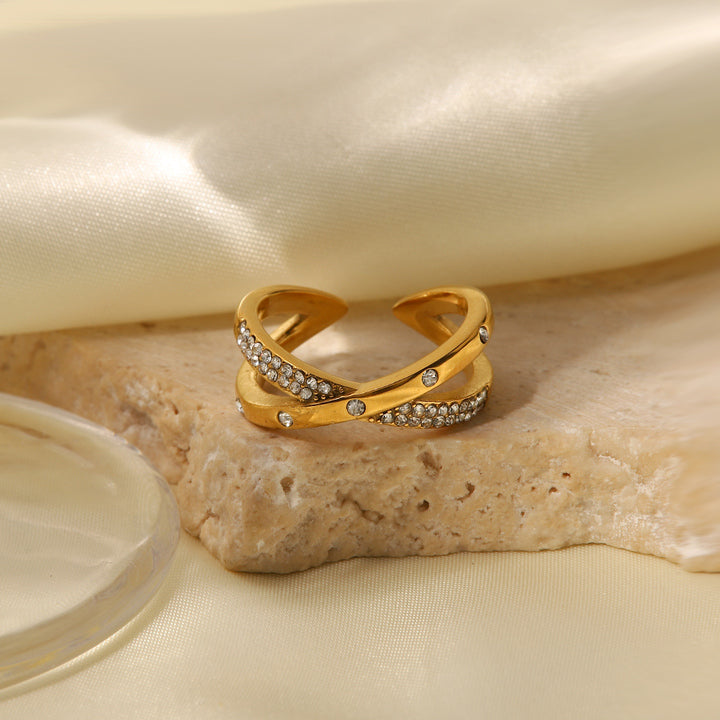 18K Gold Plated Stainless Steel Double Layer Zircon X Cross Opening Rings Jewelry Gift for Women