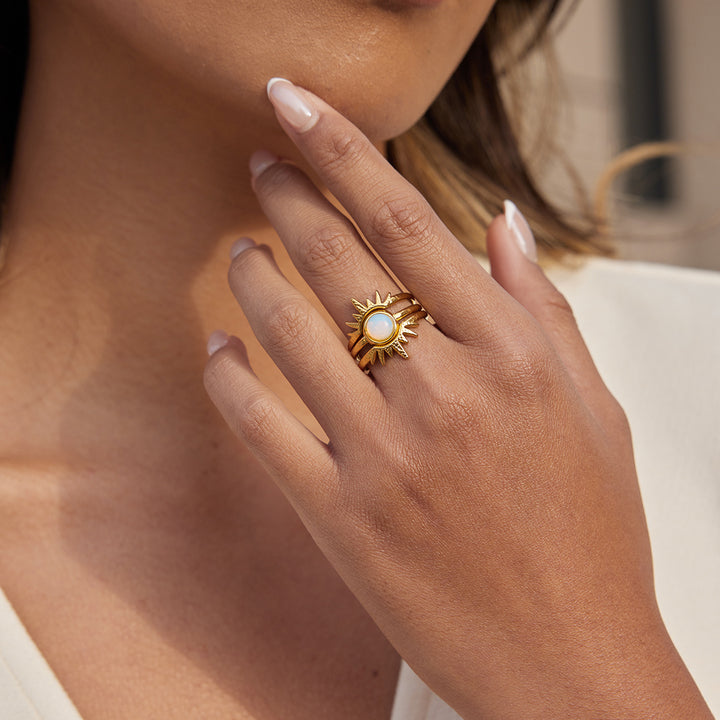 J&D Elegant Opal Inlay Stackable Ring Set Gold Plated Sunburst Design Adjustable Open Cuffs Celestial Jewelry Trio