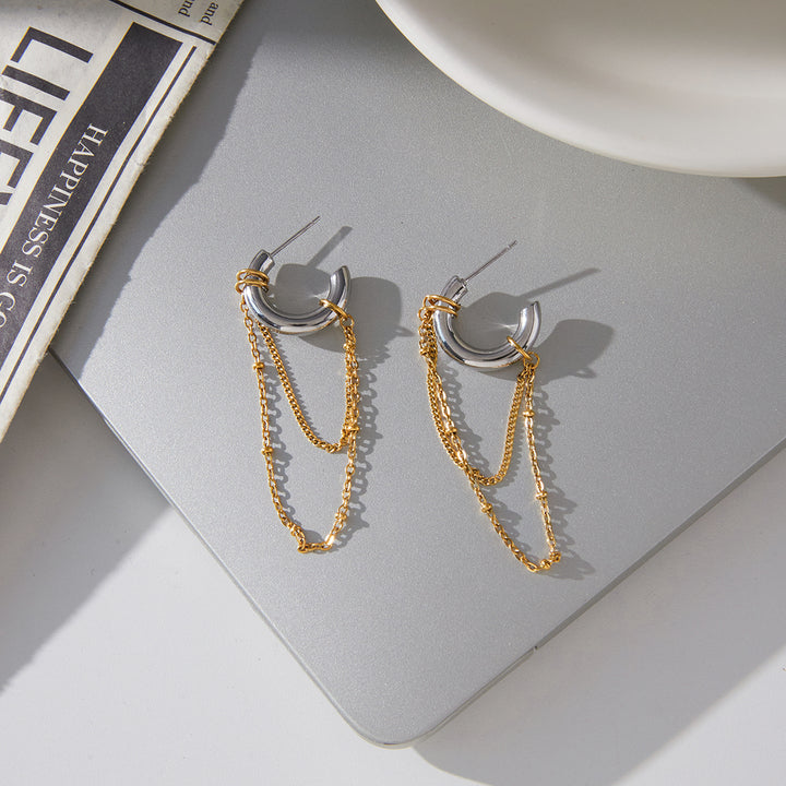 J&D Minimalist Fashion Two Tone Hoop Earring 18K Gold Stainless Steel Classic Bicolor Chain CC Hoop Tassel Earring