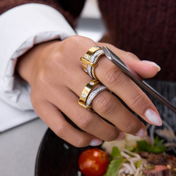 J&D 18K Gold Plate Stainless Steel Rings Classic Two Tone White Rhinestone Multi-ring Stacking Ring
