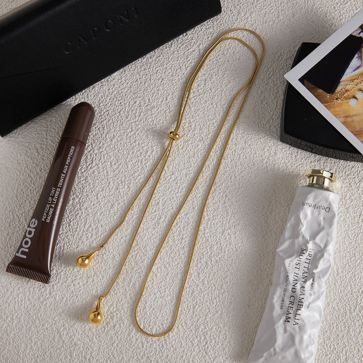 J&D 18K Gold Plate Stainless Steel Necklace Classic Minimalist Drop Pendant Adjustable Y-shaped Chain