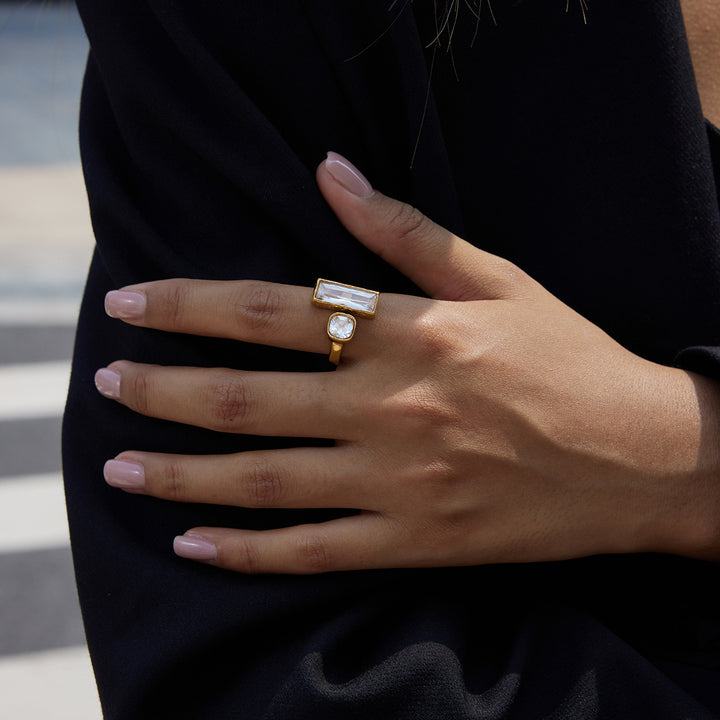 J&D 18K PVD Gold Plated Stainless Steel Ring Waterproof Classic Trendy White Rhinestone Open Ring