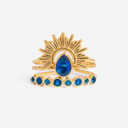 J&D Elegant Exquisite 3 in 1 Blue CZ Ring 18K Gold Stainless Steel Ribbed Sun Teardrop Blue Zircon Stacking Ring 3pcs Set Size 7