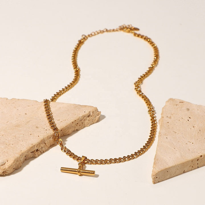 Waterproof 18K Gold T-bar Pendant Necklace Gift Stainless Steel T-bar Pendant Necklace for Party