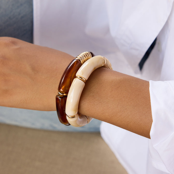 J&D Vintage Resin Bamboo Bangles UV Gold Plated Leopard Amber Resin Bamboo Joint Bangle Bracelets 2pcs Set