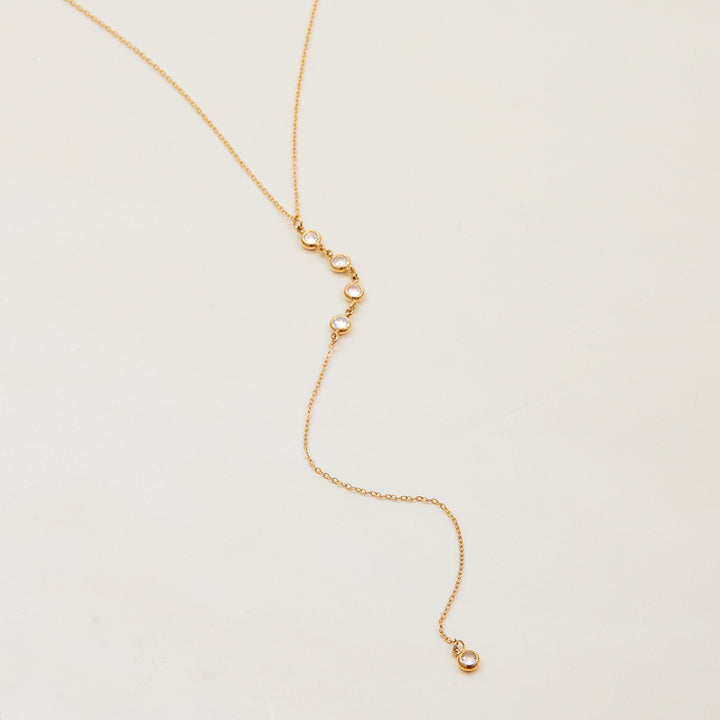 J&D 18K PVD Gold Plate Stainless Steel Necklace Waterproof Modern Minimalist White Zircon Pendant Y Chain