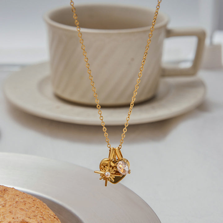 J&D 18K PVD Gold Plate Stainless Steel Necklace Love MOM White Zircon Star Heart Pendant Necklace