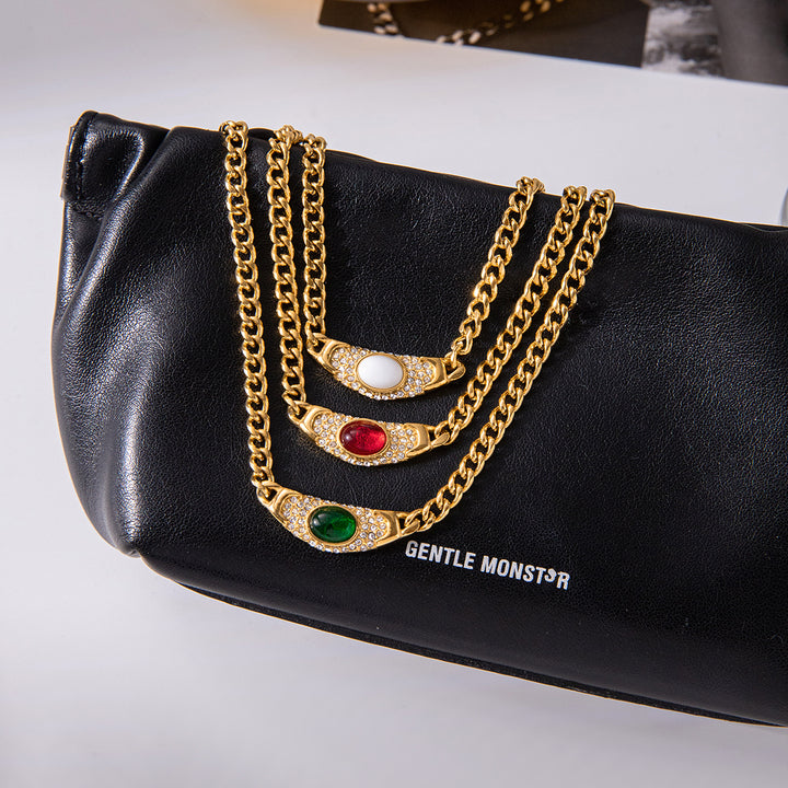 J&D Vintage Autumn Winter 18K PVD Gold Plating Waterproof Jewelry Stainless Steel White Pave Green Red Necklace