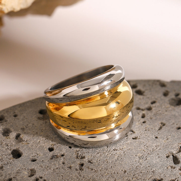 J&D Two-Tone Layered Ribbed Ring 18k Stainless Steel Chunky Gold Silver Mixed Design Rings